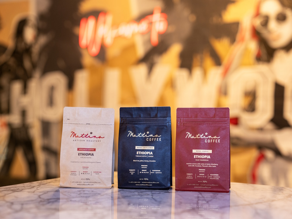 Three bags of roasted coffee from Mattina Artisan Roastery.