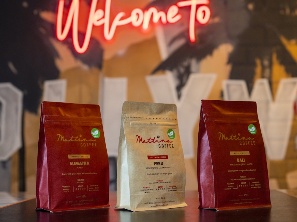 Three bags of roasted coffee from Mattina Artisan Roastery.