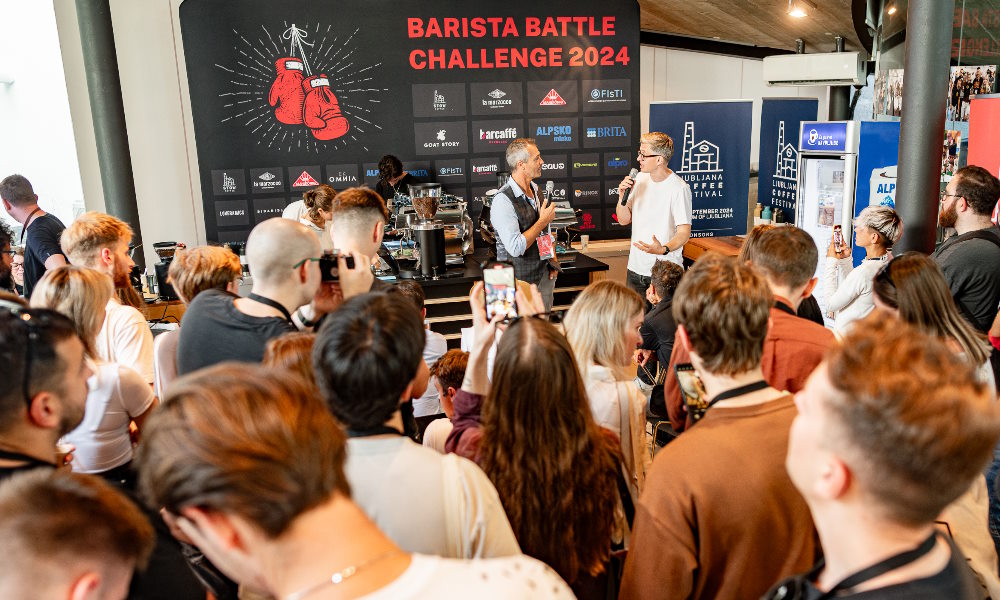 Damian Burgess and James Hoffman host the 2024 Barista Battle Challenge at the 2024 Ljubljana Coffee Festival.
