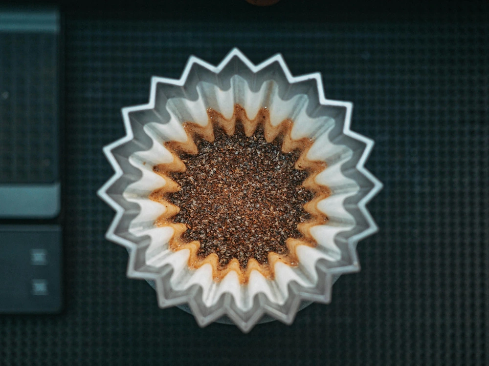 Spent coffee grounds in an Origami brewer.