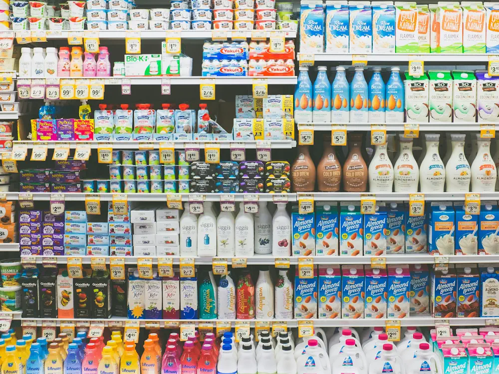 Different types of plant milks in a US supermarket.
